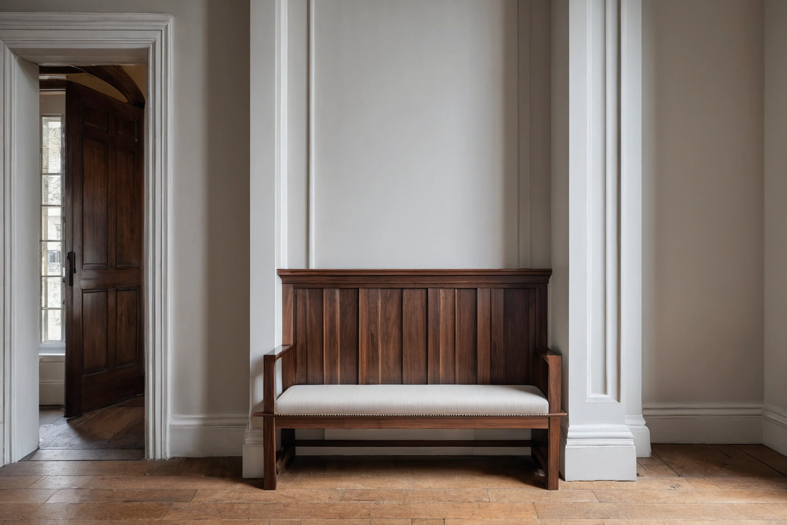 Frankly modern walnut bench inside a historic room