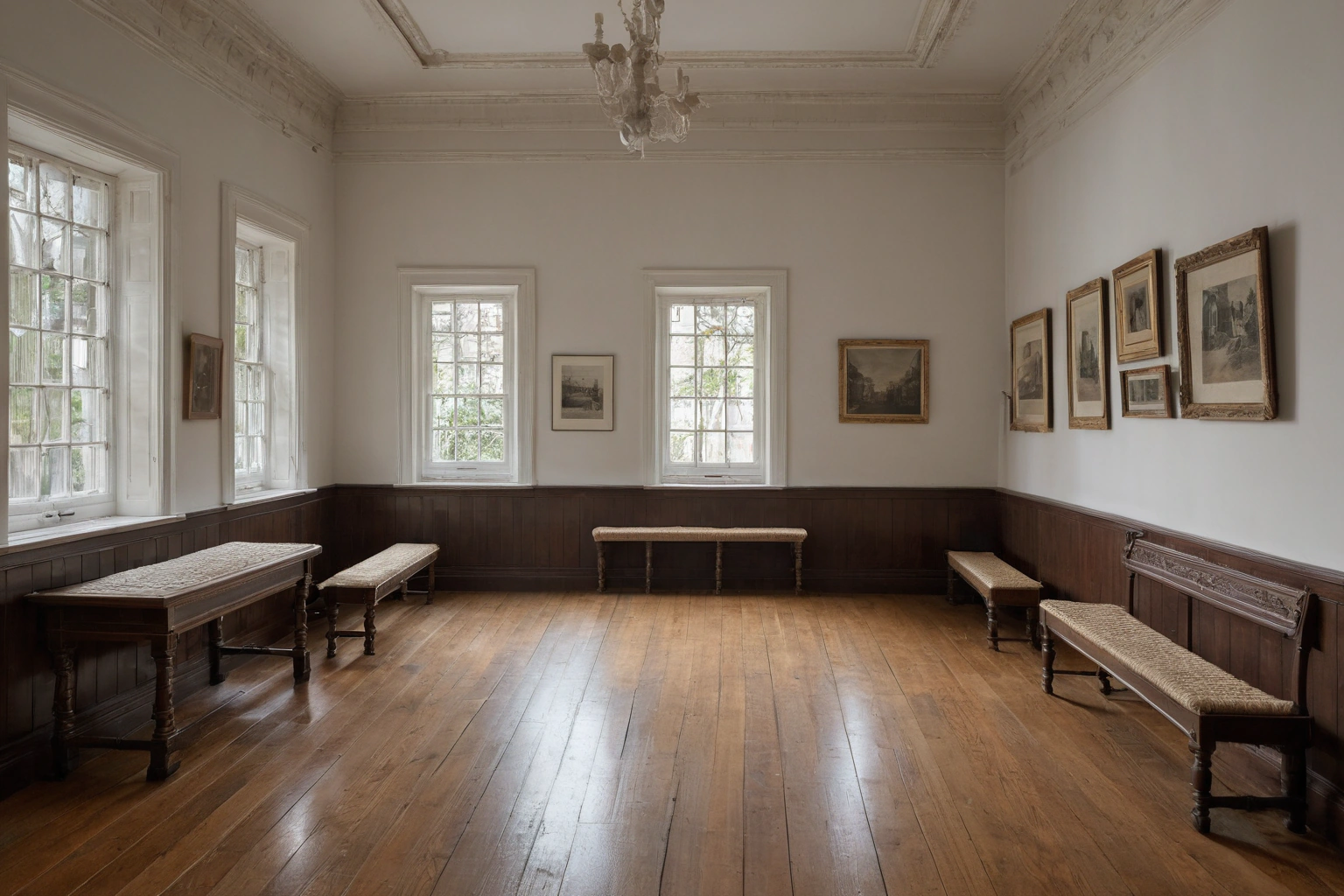 Consistent visitor benches placed along a museum sightline